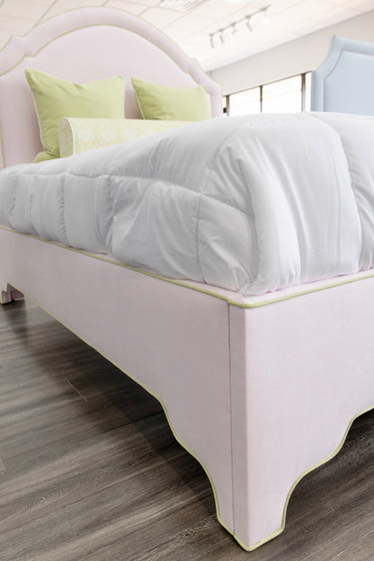 The Grace Queen Bed - Upholstered Legs - Powder Pink fabric with Green Trim