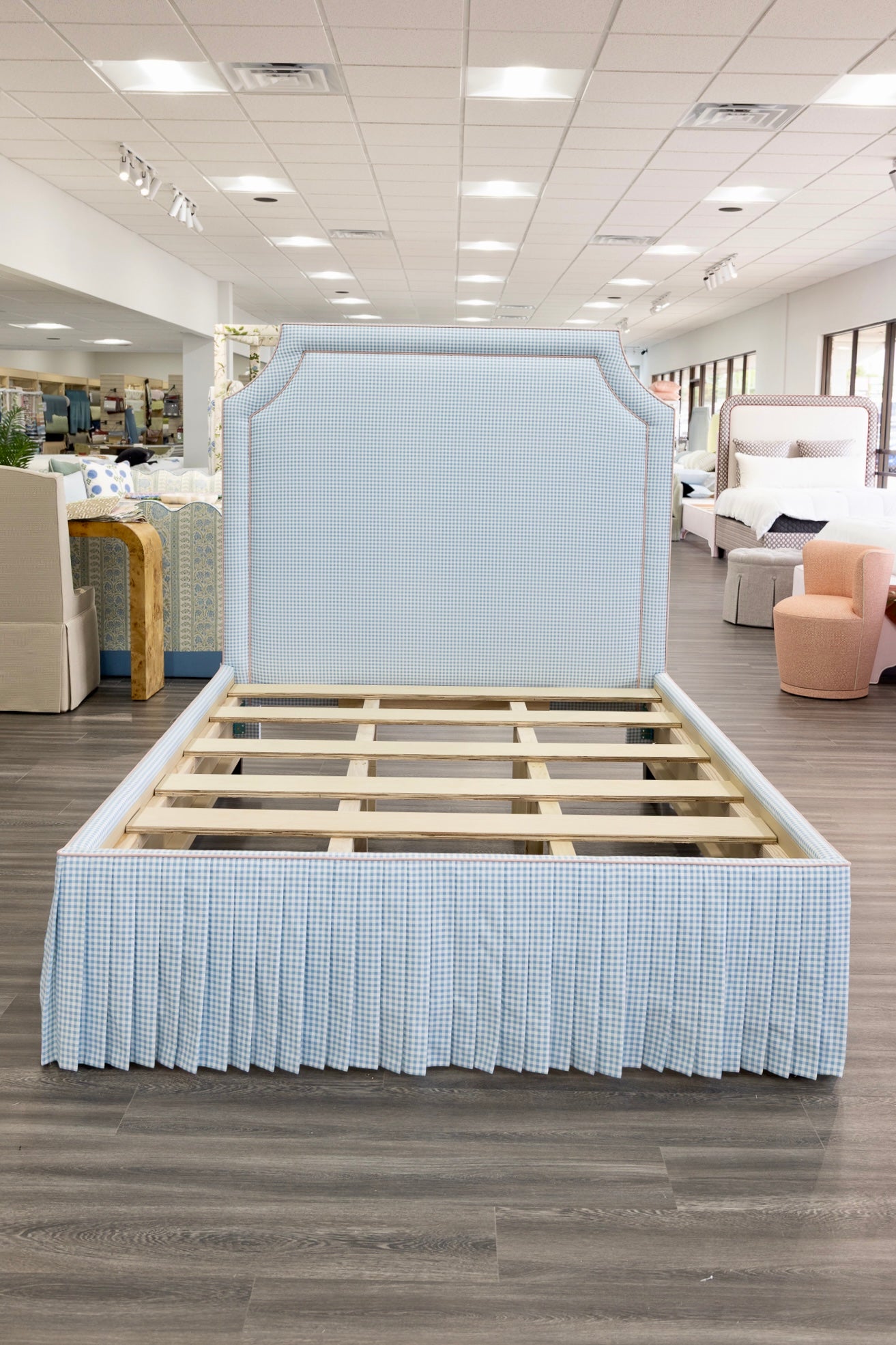 65" H Skirted Platform Base Queen Bed - Blue Gingham Fabric - Blush Pink Trim