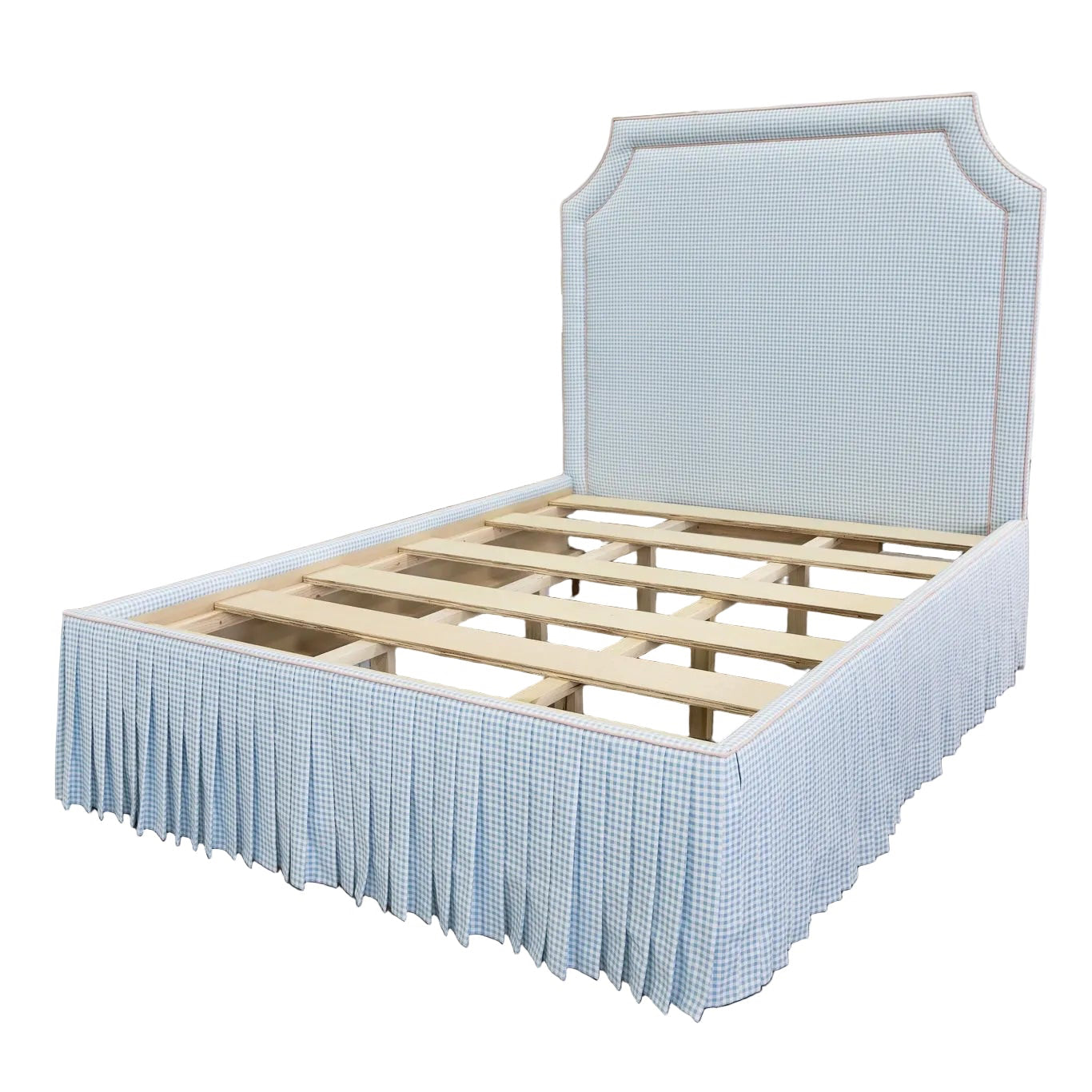 65" H Skirted Platform Base Queen Bed - Blue Gingham Fabric - Blush Pink Trim