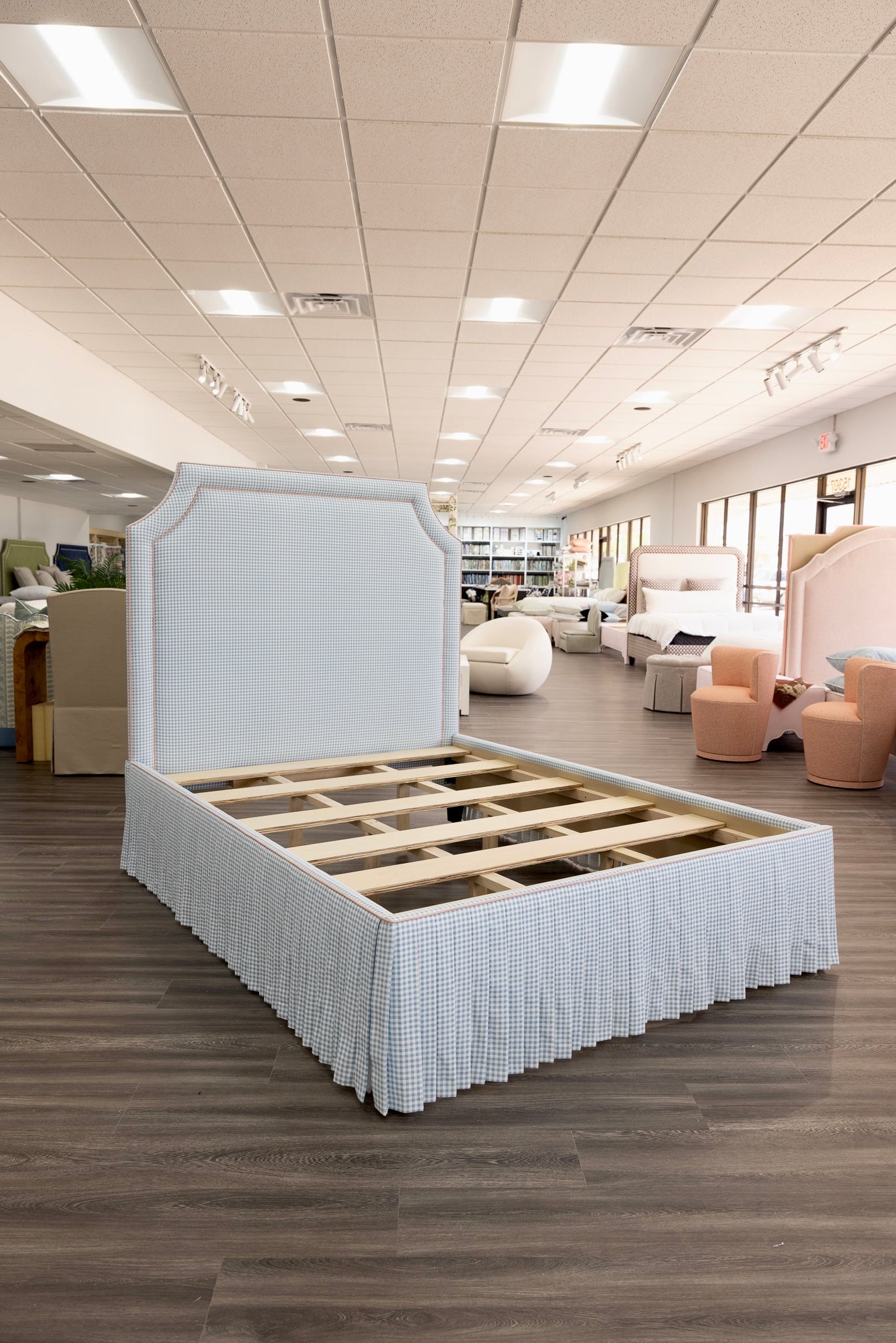 65" H Skirted Platform Base Queen Bed - Blue Gingham Fabric - Blush Pink Trim