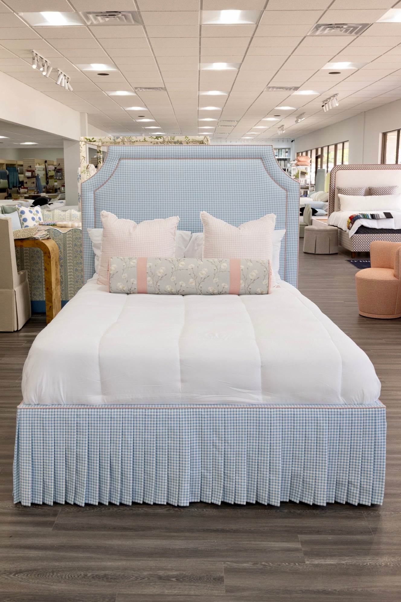 65" H Skirted Platform Base Queen Bed - Blue Gingham Fabric - Blush Pink Trim