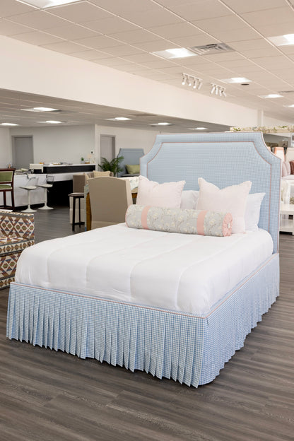 65" H Skirted Platform Base Queen Bed - Blue Gingham Fabric - Blush Pink Trim