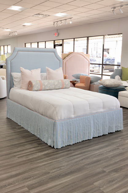 65" H Skirted Platform Base Queen Bed - Blue Gingham Fabric - Blush Pink Trim