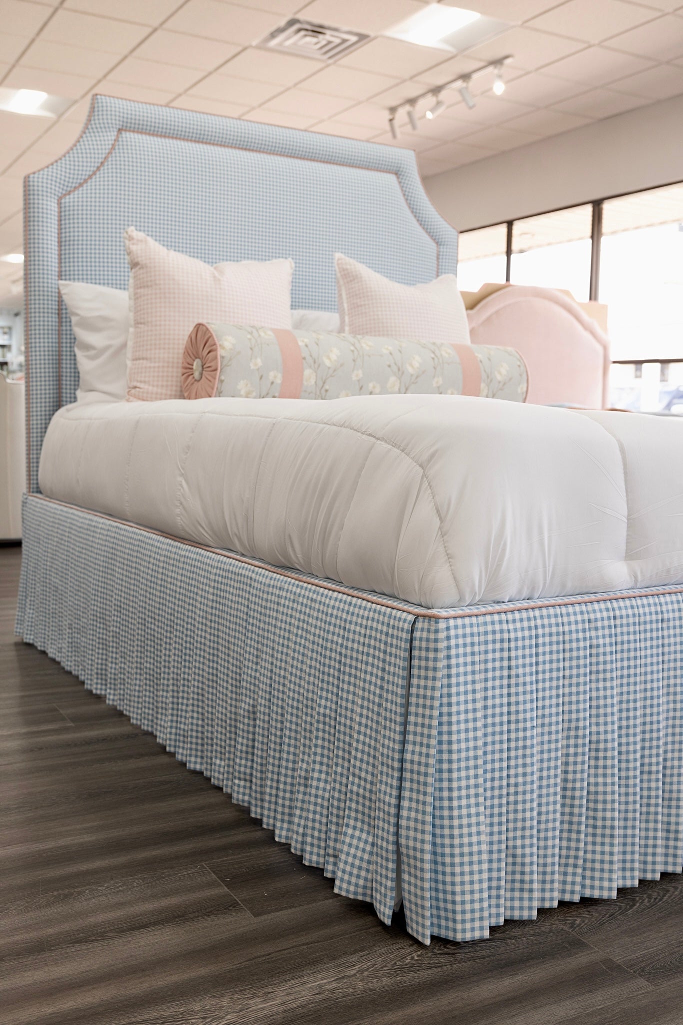 65" H Skirted Platform Base Queen Bed - Blue Gingham Fabric - Blush Pink Trim