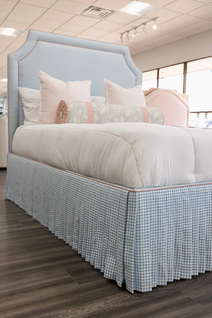 65" H Skirted Platform Base Queen Bed - Blue Gingham Fabric - Blush Pink Trim