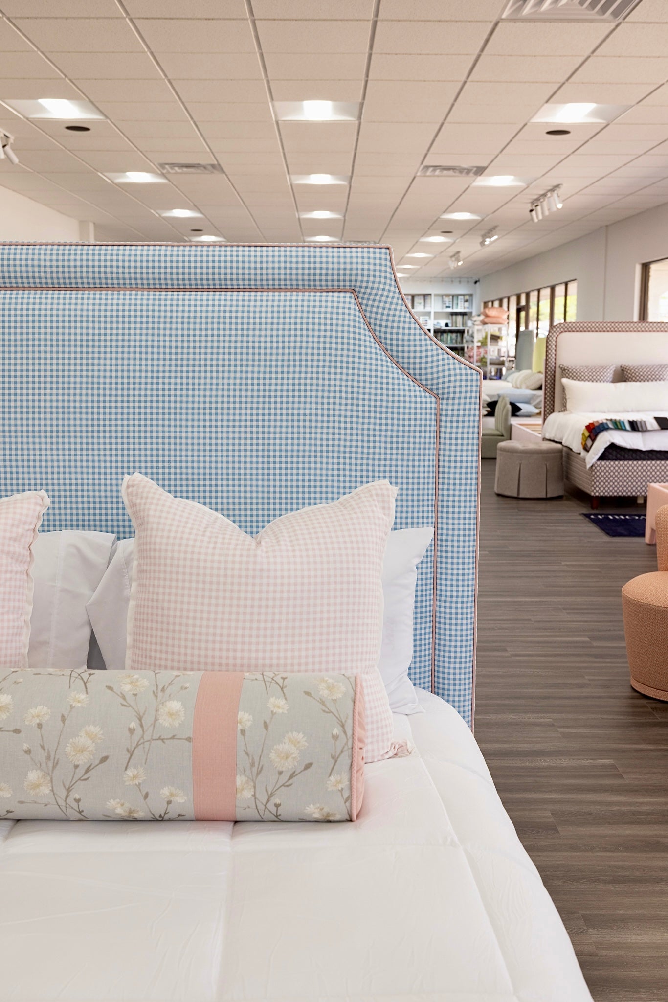 65" H Skirted Platform Base Queen Bed - Blue Gingham Fabric - Blush Pink Trim