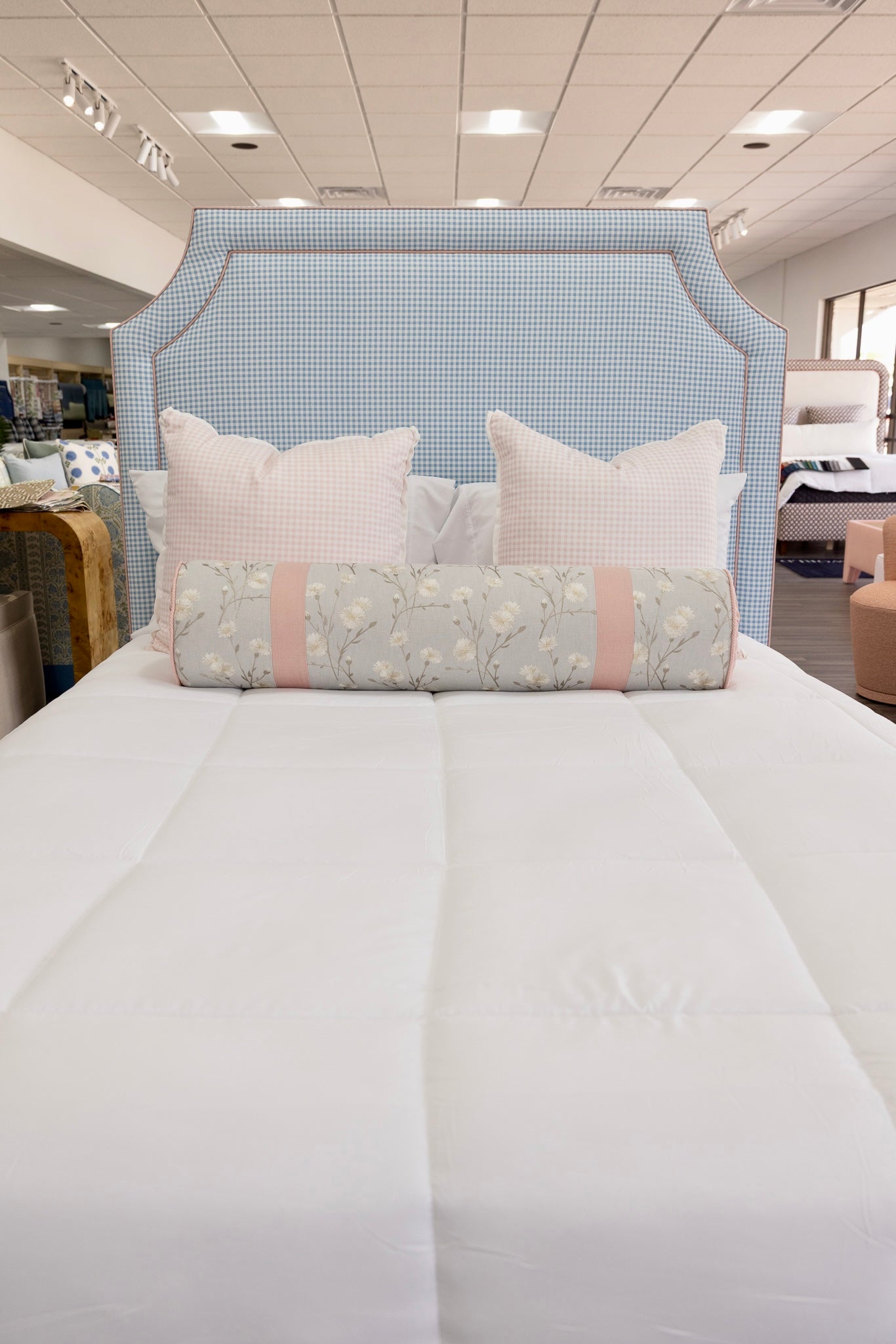 65" H Skirted Platform Base Queen Bed - Blue Gingham Fabric - Blush Pink Trim