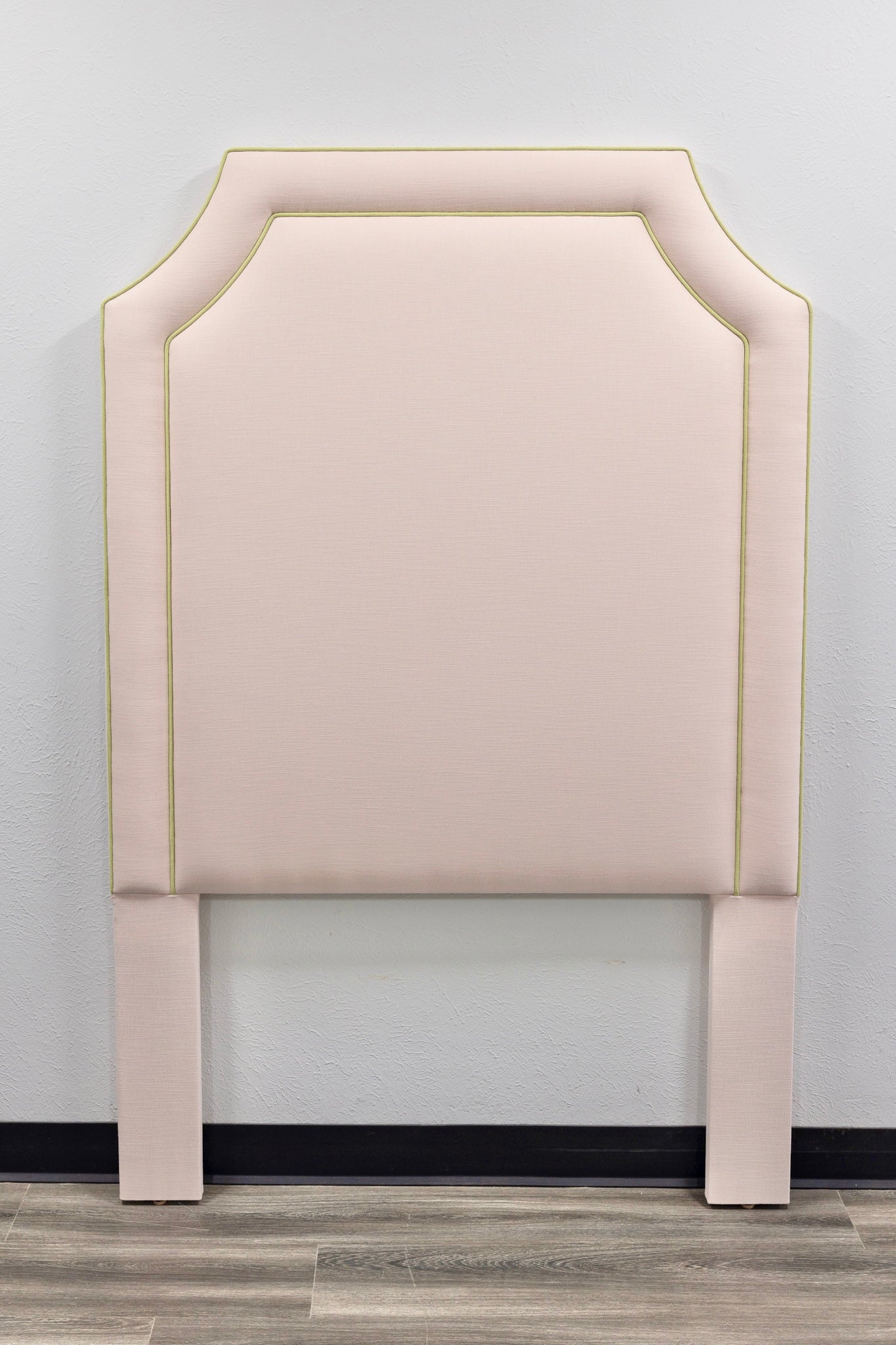 The Addison Twin Headboard - Blush Pink Fabric - Green Trim