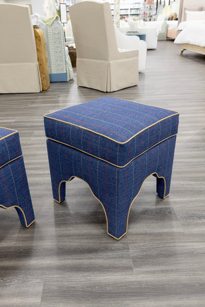 Scalloped Stool - Stout Navy Plaid Fabric - Beige Trim