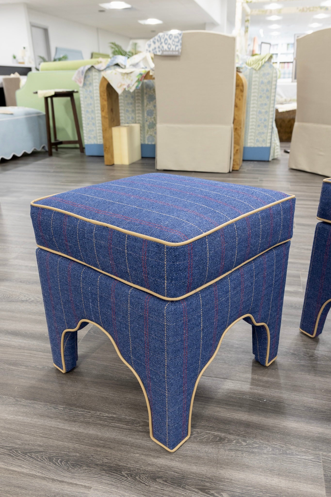 Scalloped Stool - Stout Navy Plaid Fabric - Beige Trim