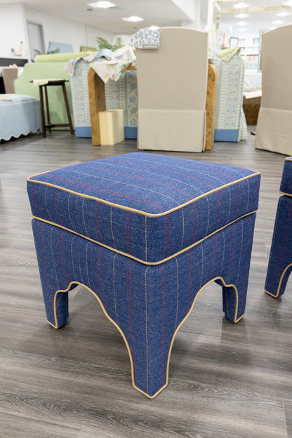 Scalloped Stool - Stout Navy Plaid Fabric - Beige Trim
