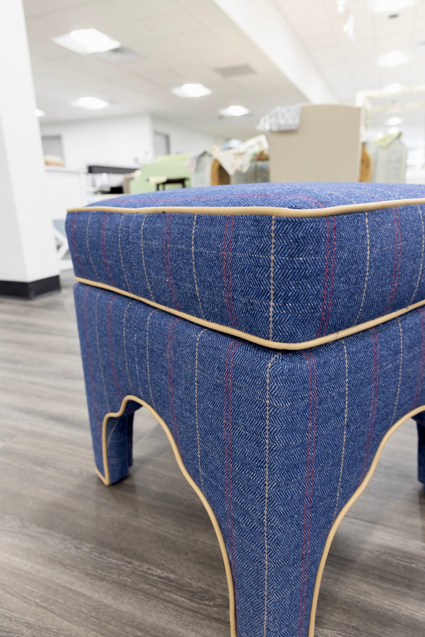 Scalloped Stool - Stout Navy Plaid Fabric - Beige Trim