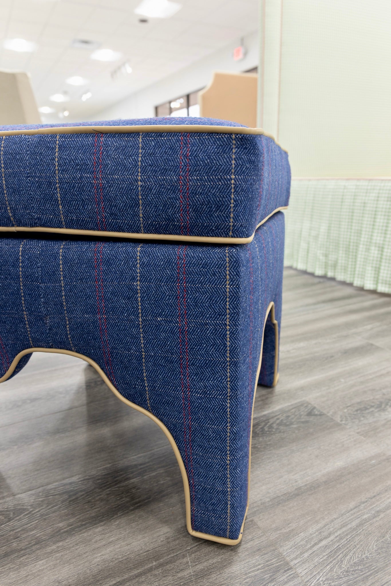 Scalloped Stool - Stout Navy Plaid Fabric - Beige Trim
