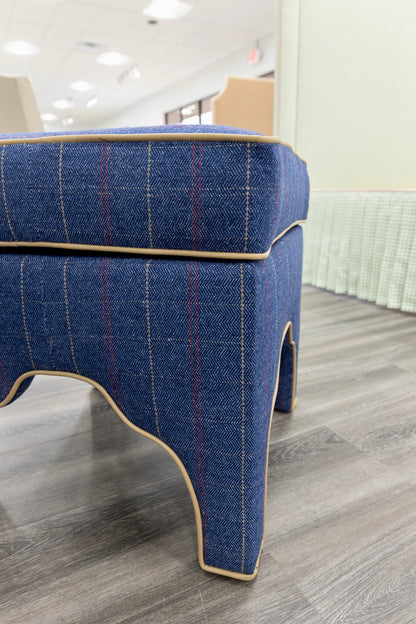 Scalloped Stool - Stout Navy Plaid Fabric - Beige Trim