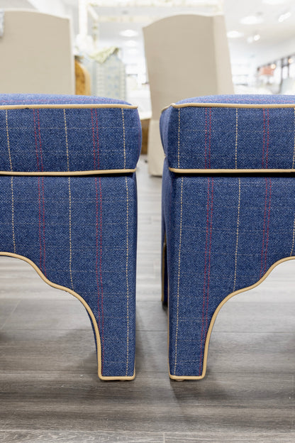 Scalloped Stool - Stout Navy Plaid Fabric - Beige Trim