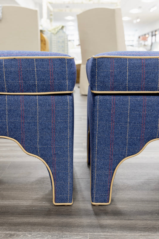 Scalloped Stool - Stout Navy Plaid Fabric - Beige Trim