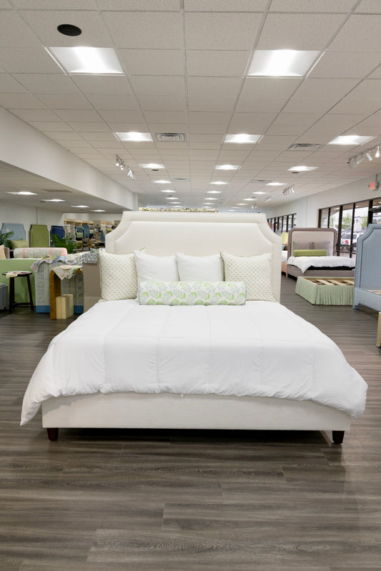 65”H King Platform Bed - Wooden Legs - Off White Linen Fabric