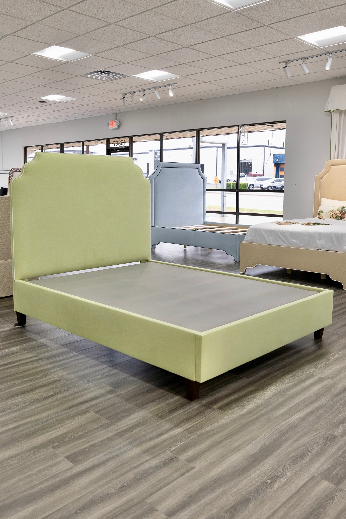 The Helena Queen Bed - Pear Green Woven - White Trim