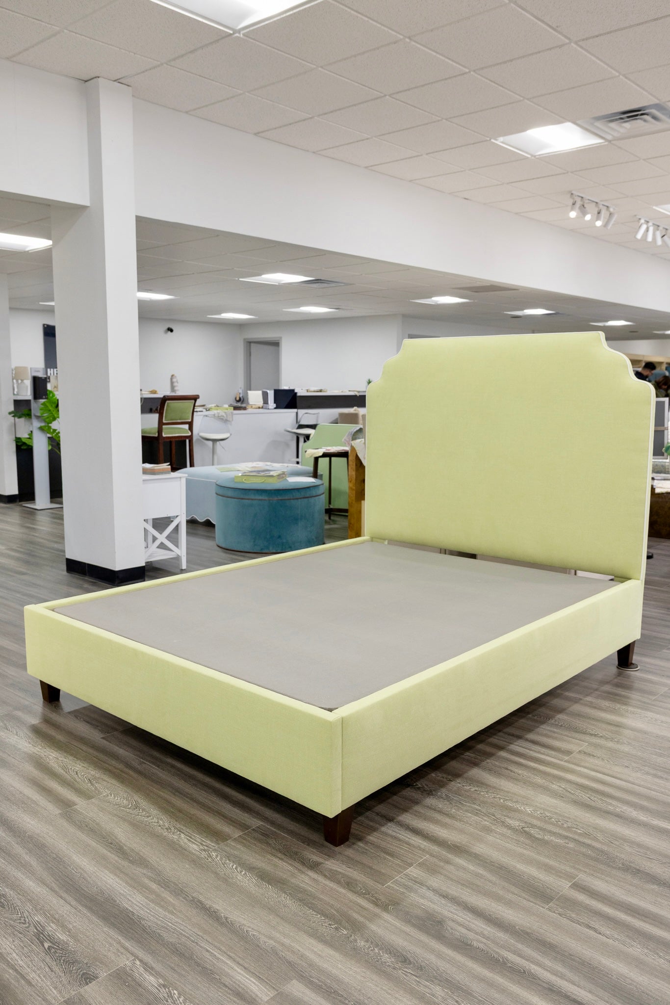 The Helena Queen Bed - Pear Green Woven - White Trim