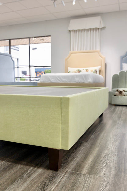 The Helena Queen Bed - Pear Green Woven - White Trim