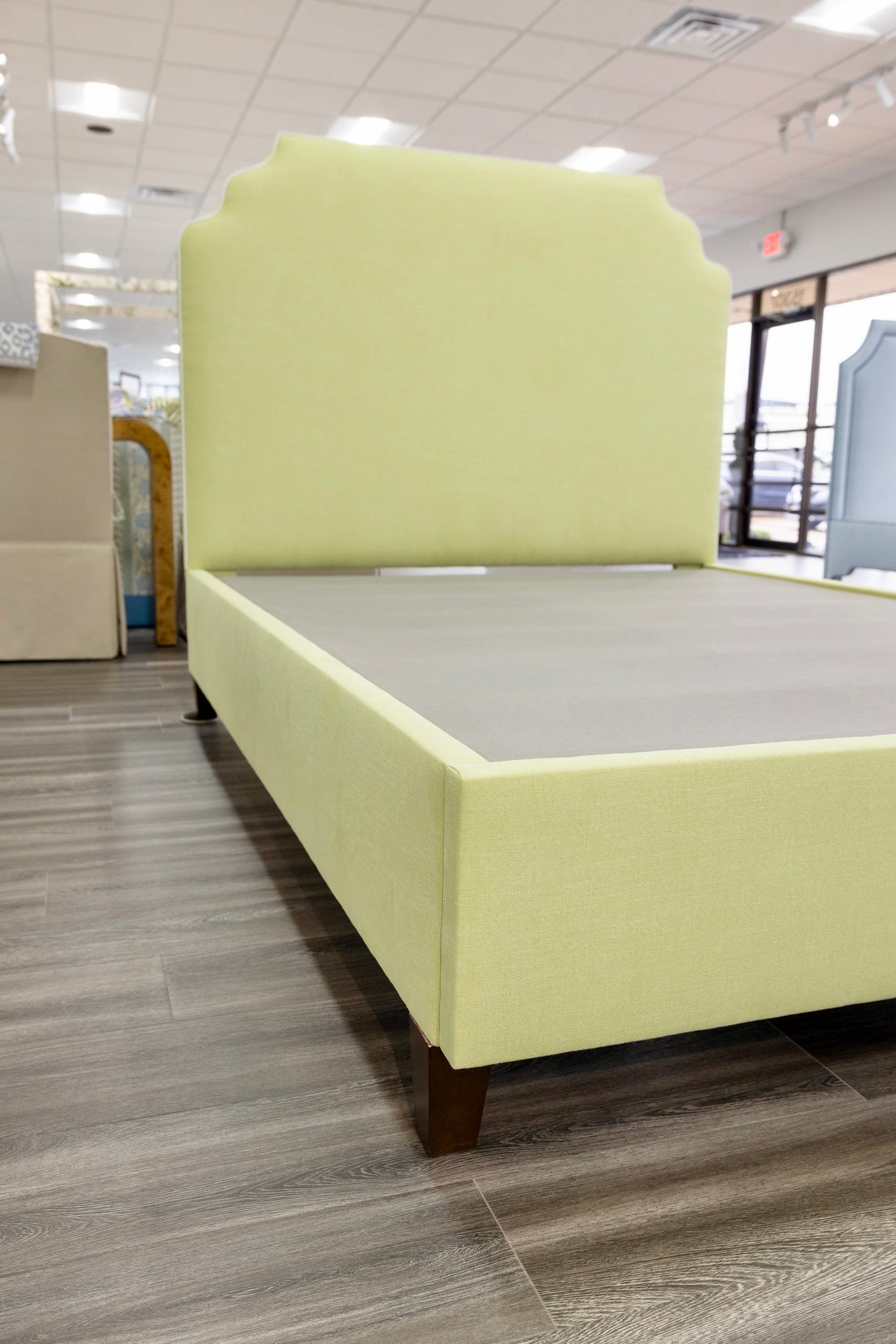 The Helena Queen Bed - Pear Green Woven - White Trim