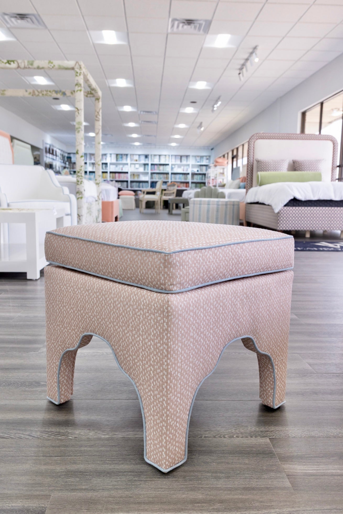 Scalloped Stool - Blush Pink Dot Pattern Fabric - Sky Blue Trim