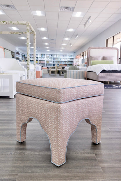 Scalloped Stool - Blush Pink Dot Pattern Fabric - Sky Blue Trim
