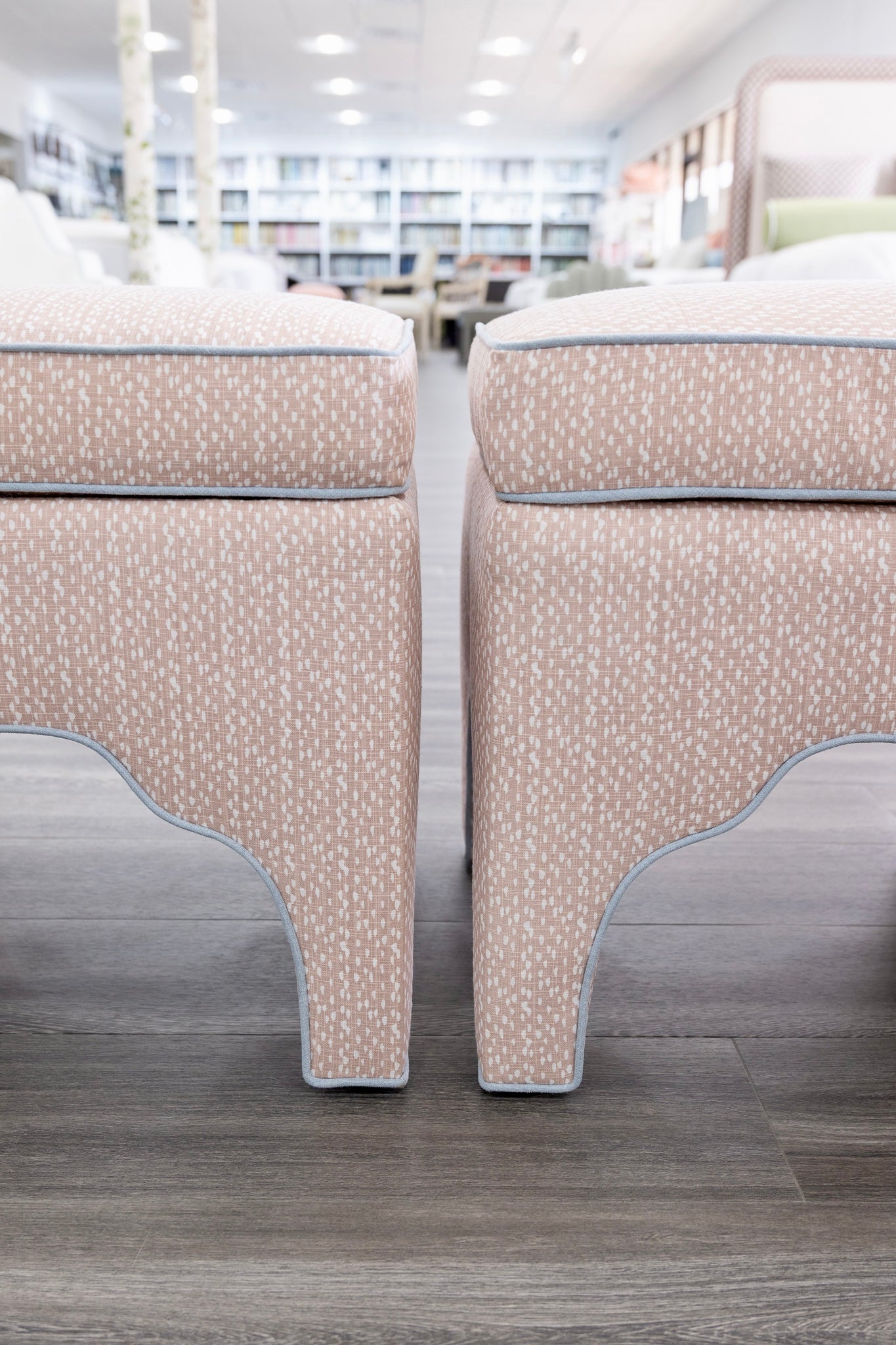 Scalloped Stool - Blush Pink Dot Pattern Fabric - Sky Blue Trim