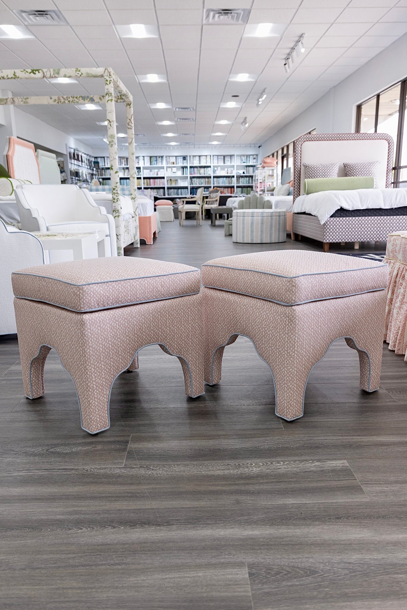 Scalloped Stool - Blush Pink Dot Pattern Fabric - Sky Blue Trim