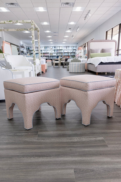 Scalloped Stool - Blush Pink Dot Pattern Fabric - Sky Blue Trim