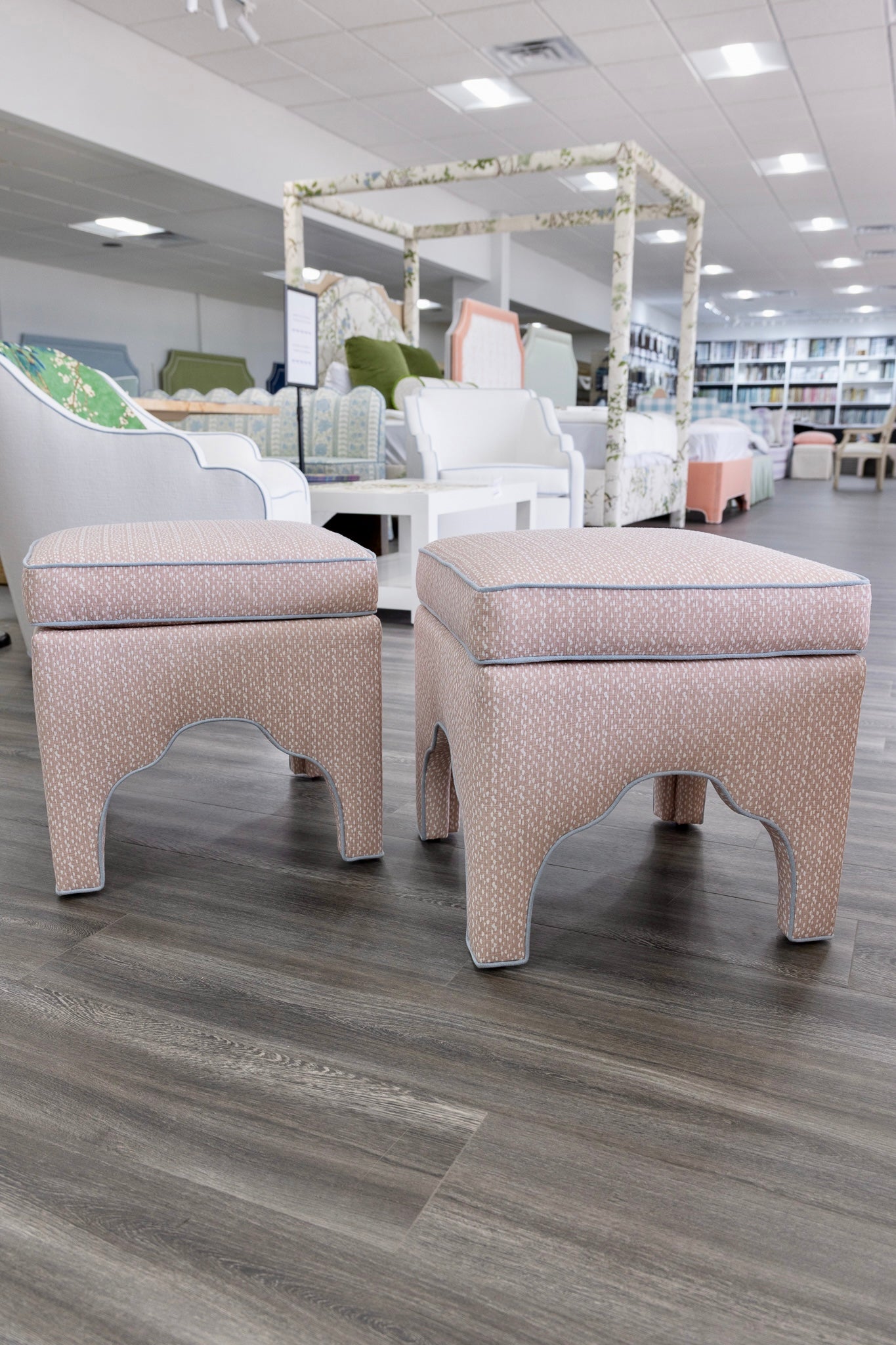 Scalloped Stool - Blush Pink Dot Pattern Fabric - Sky Blue Trim