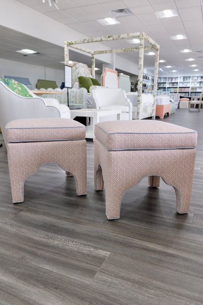 Scalloped Stool - Blush Pink Dot Pattern Fabric - Sky Blue Trim