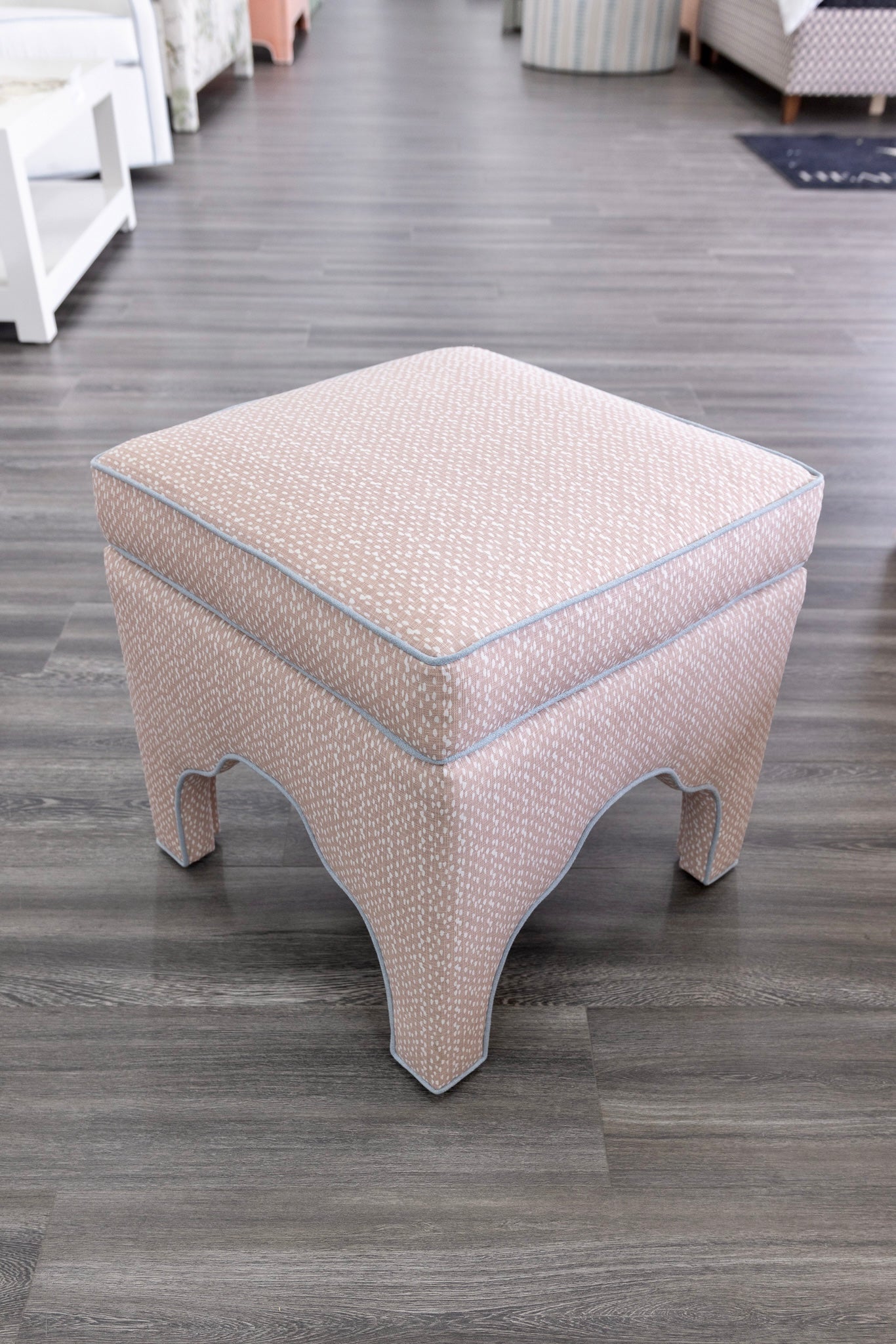 Scalloped Stool - Blush Pink Dot Pattern Fabric - Sky Blue Trim