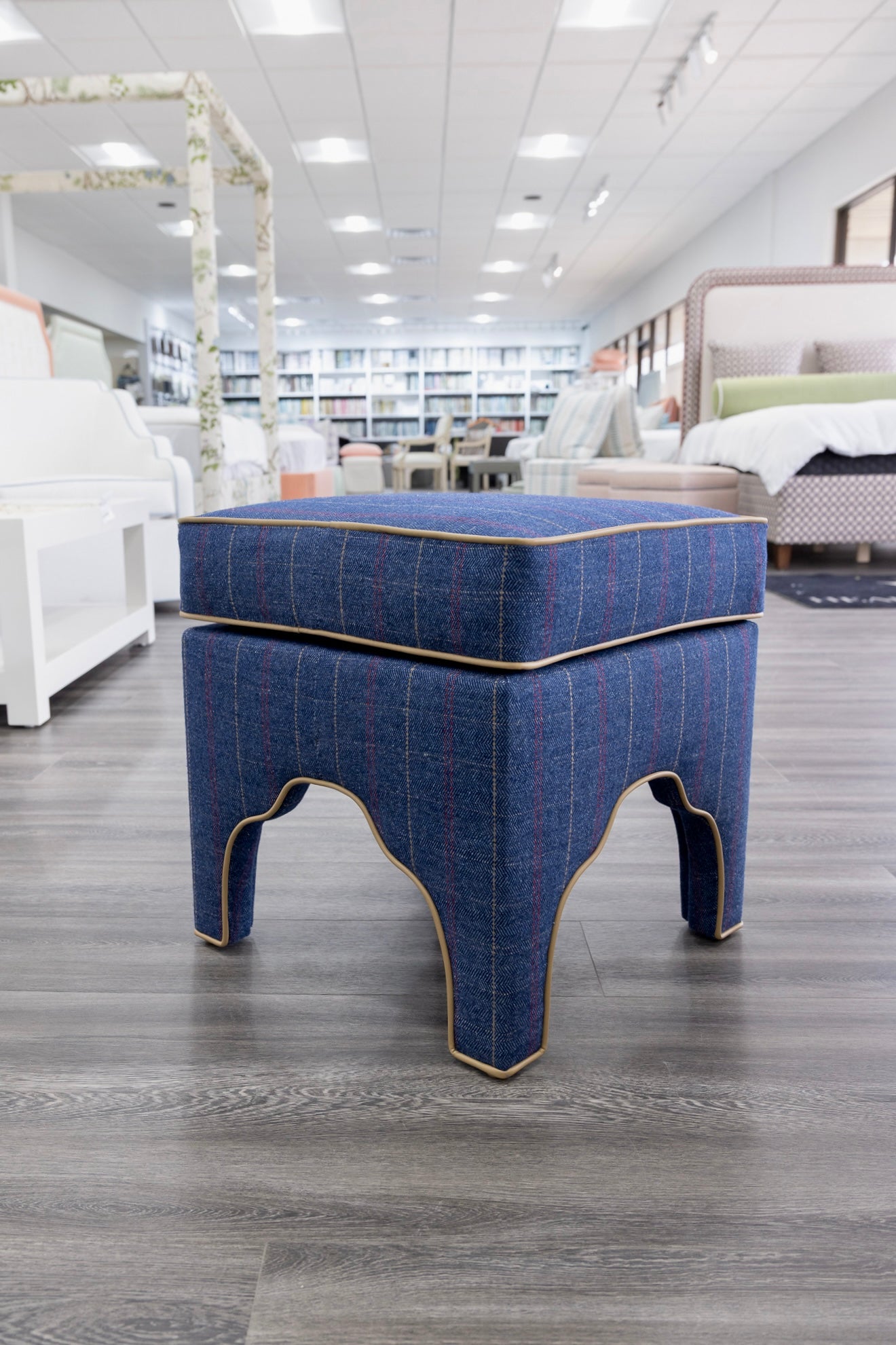 Scalloped Stool - Stout Navy Plaid Fabric - Beige Trim