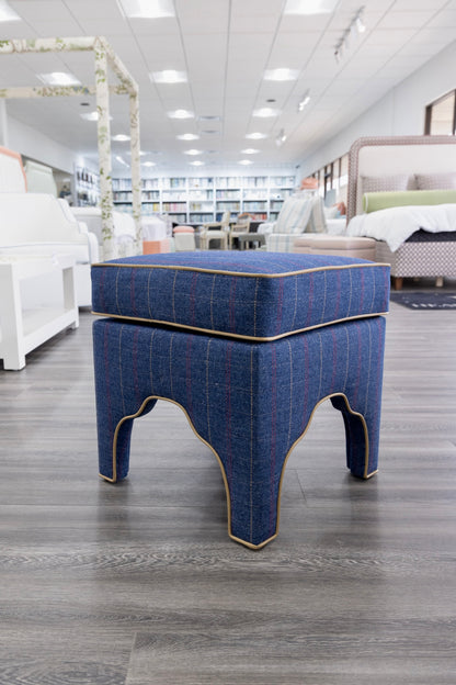 Scalloped Stool - Stout Navy Plaid Fabric - Beige Trim