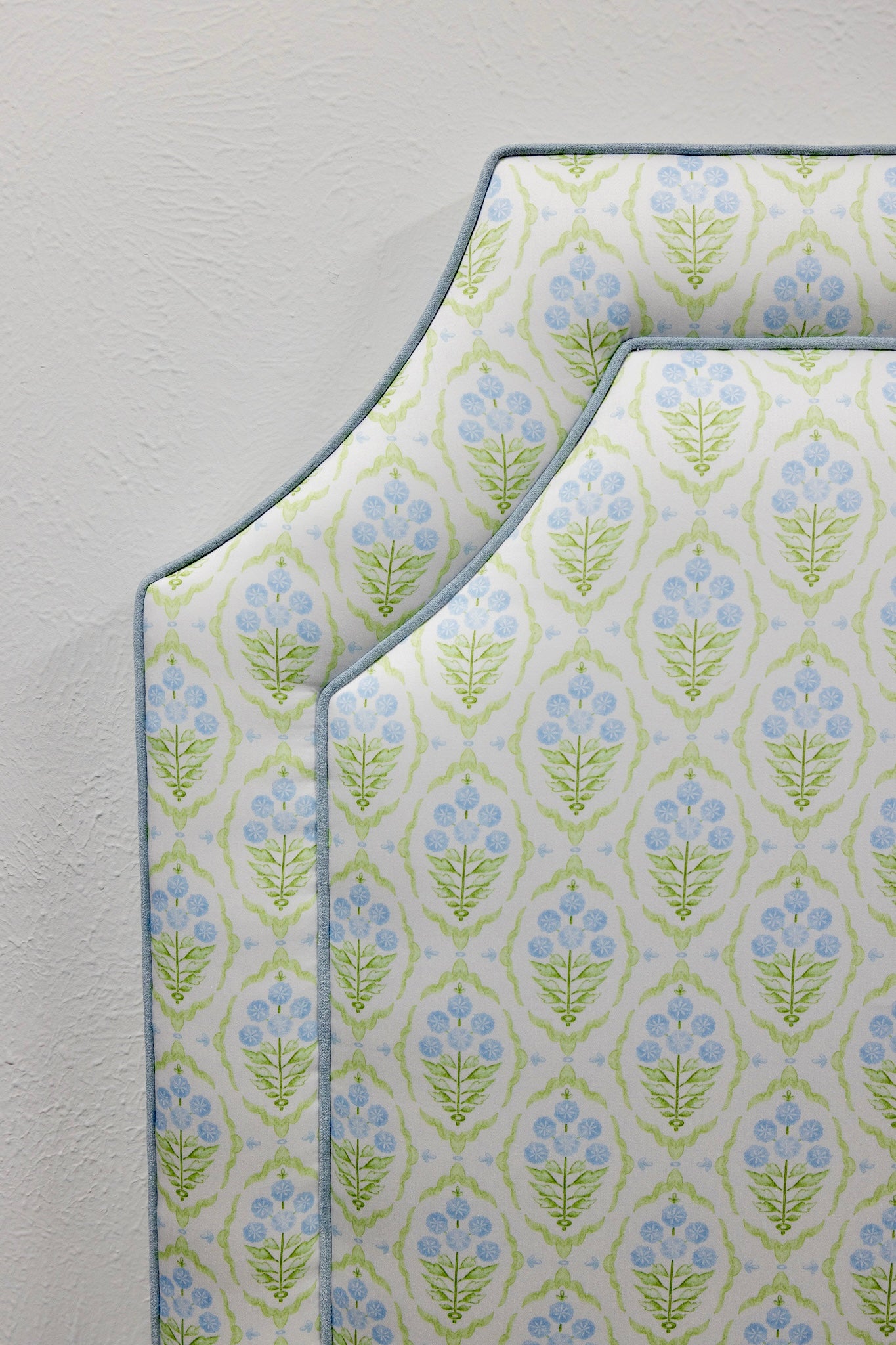 The Addison Twin Headboard - Floral Blue / Green Satin Fabric