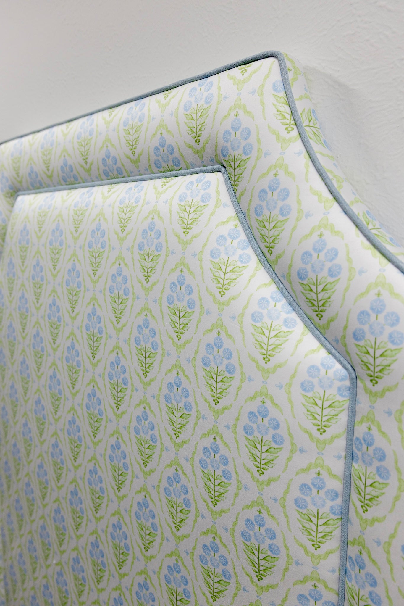The Addison Twin Headboard - Floral Blue / Green Satin Fabric