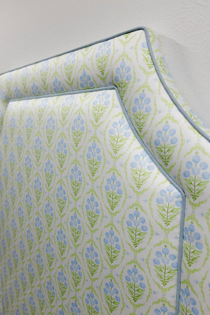 The Addison Twin Headboard - Floral Blue / Green Satin Fabric