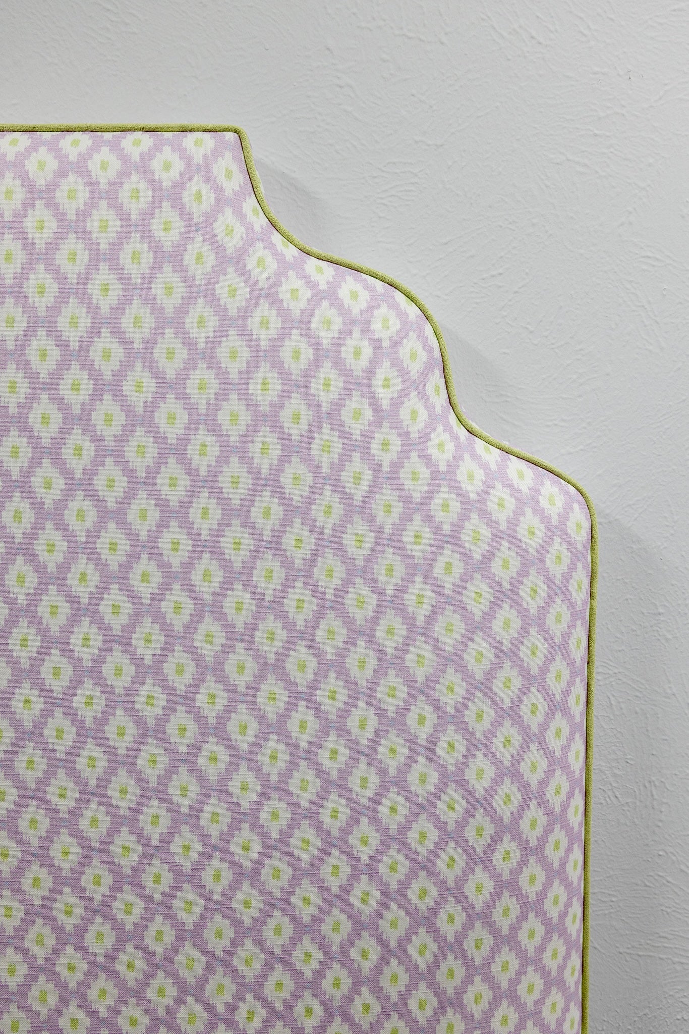 The Helena Twin Headboard - Dotted Lavender Fabric - Green Trim