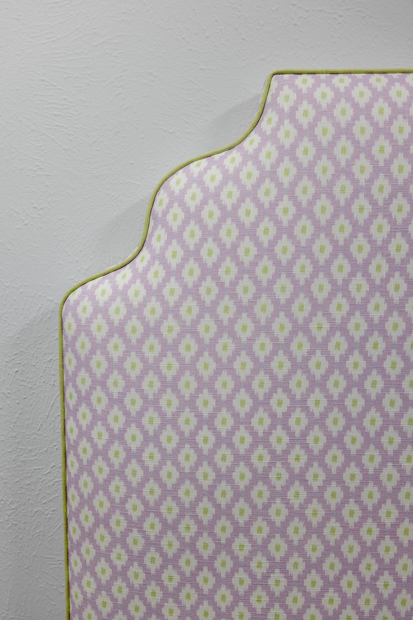 The Helena Twin Headboard - Dotted Lavender Fabric - Green Trim
