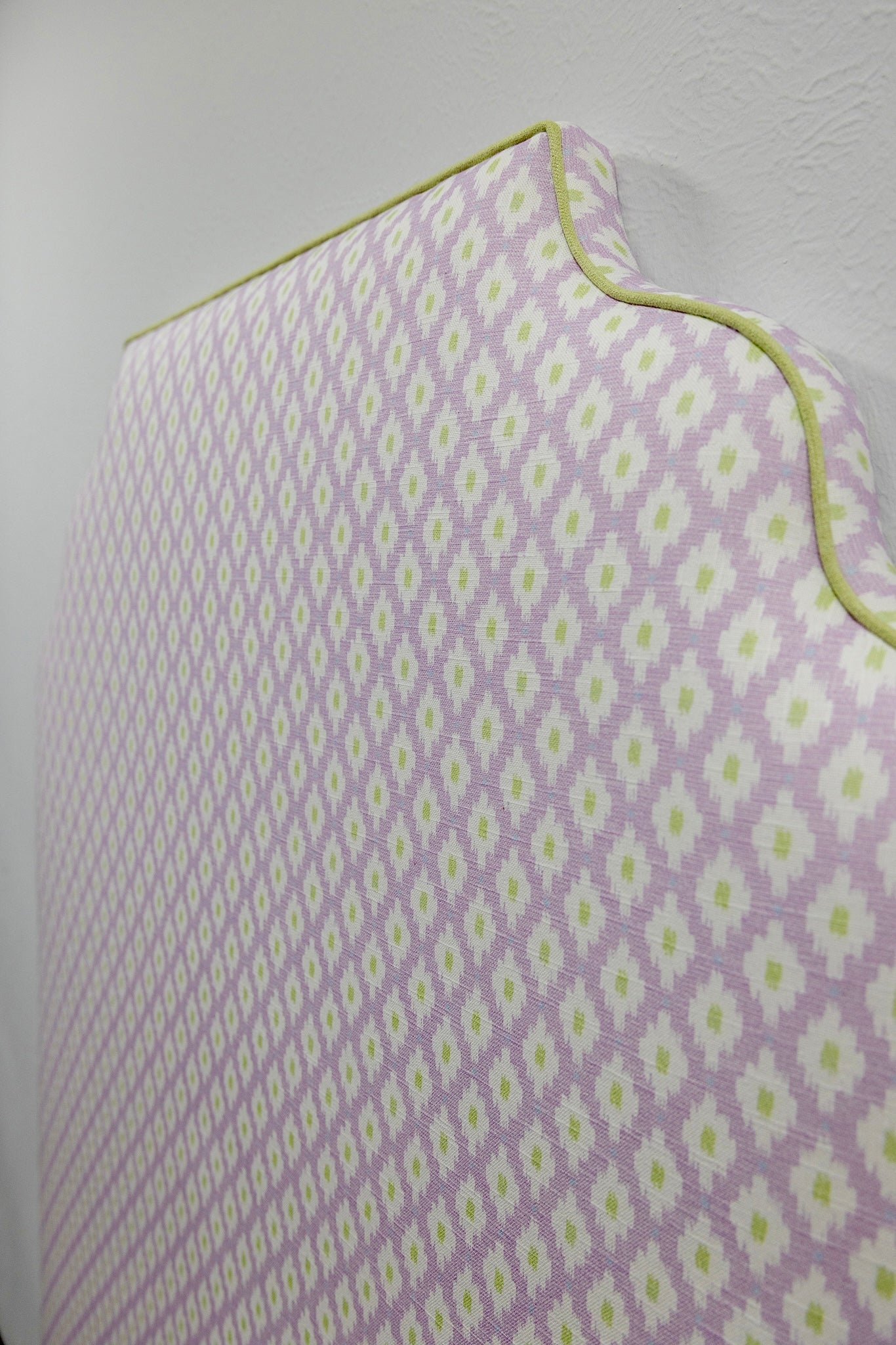 The Helena Twin Headboard - Dotted Lavender Fabric - Green Trim
