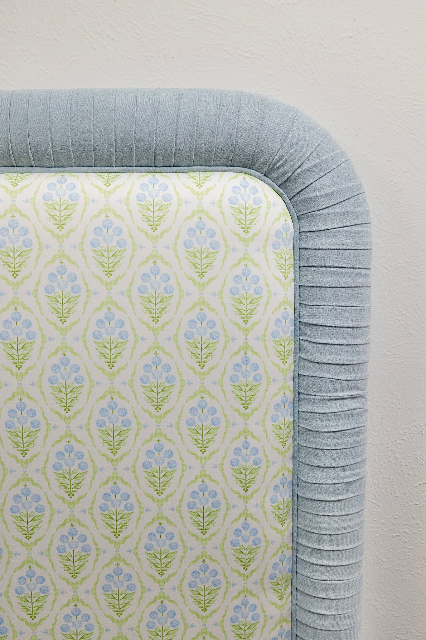The Lorraine Queen Headboard - Floral Blue / Green Satin Fabric