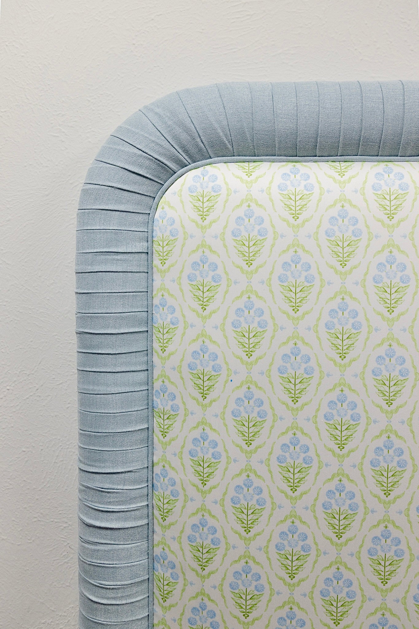 The Lorraine Queen Headboard - Floral Blue / Green Satin Fabric