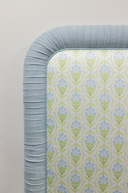 The Lorraine Queen Headboard - Floral Blue / Green Satin Fabric