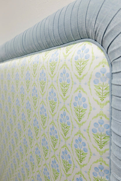 The Lorraine Queen Headboard - Floral Blue / Green Satin Fabric