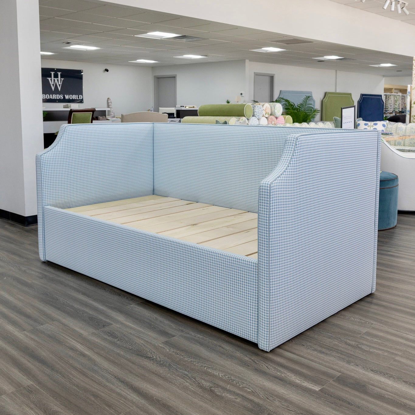 The Addison Twin to King Trundle Daybed - Blue Gingham fabric - Sky Blue Trim