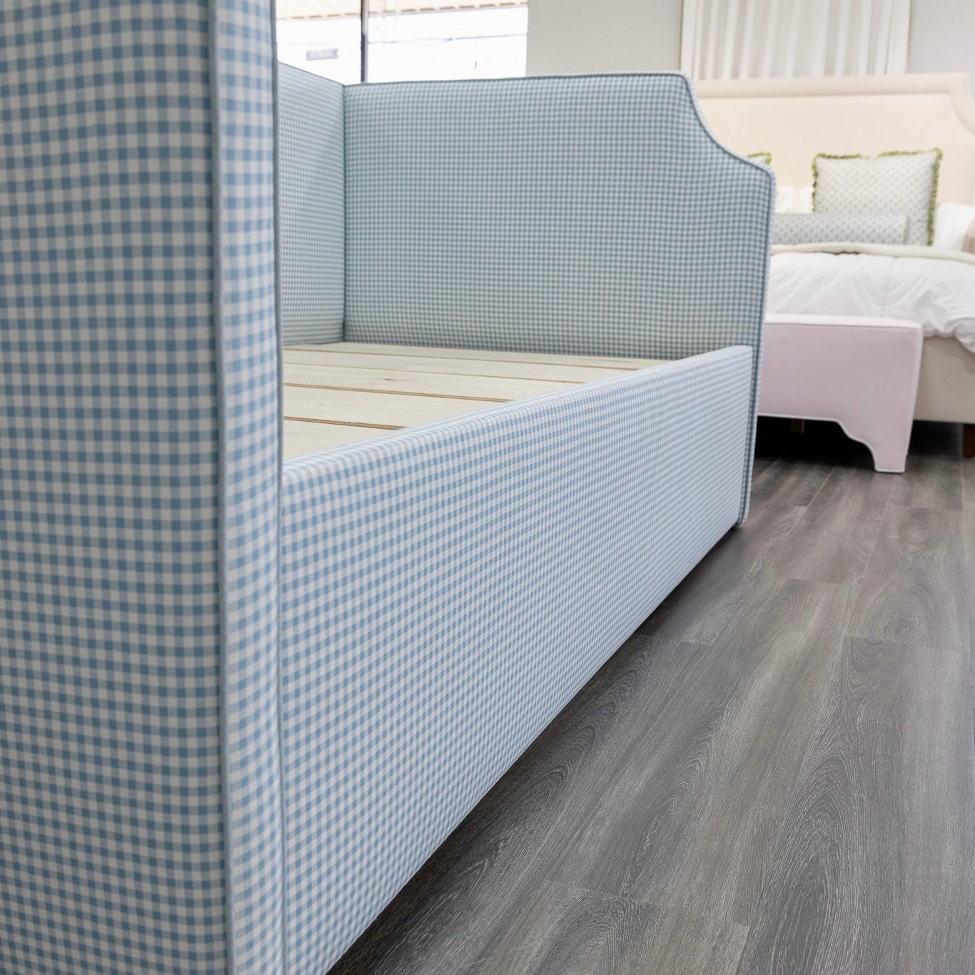 The Addison Twin to King Trundle Daybed - Blue Gingham fabric - Sky Blue Trim