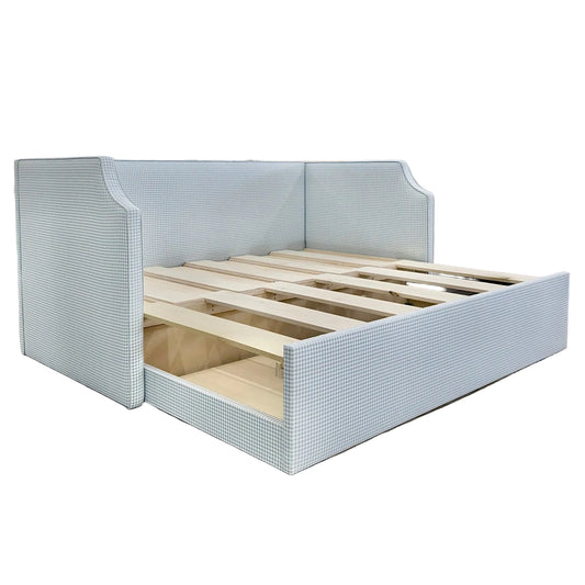 Twin to king Upholstered Trundle Daybed in Blue Gingham fabric - Sky Blue Trim