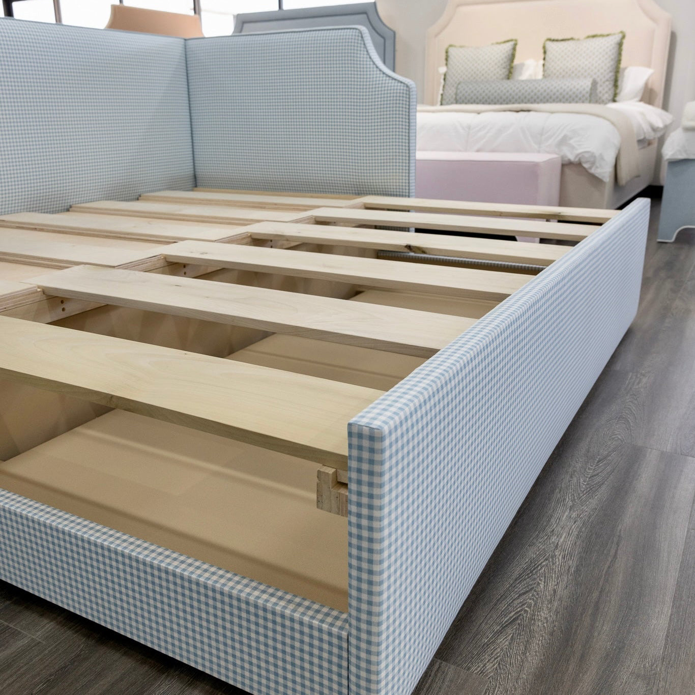 The Addison Twin to King Trundle Daybed - Blue Gingham fabric - Sky Blue Trim