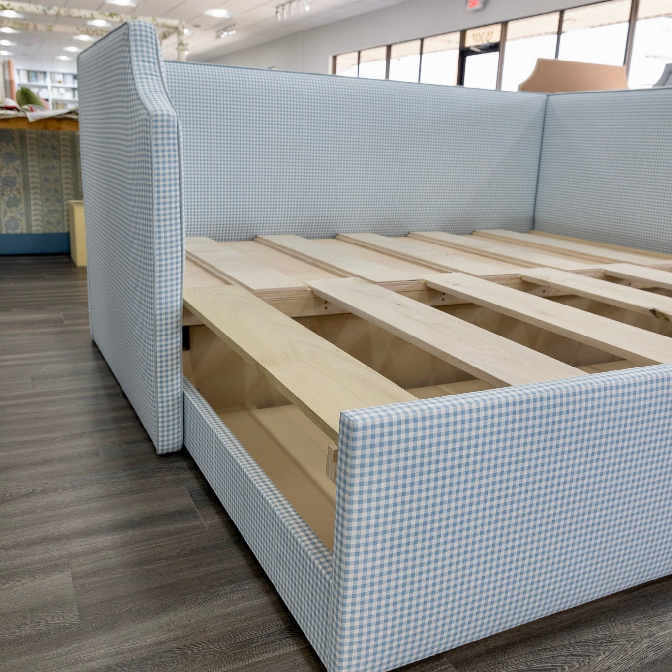The Addison Twin to King Trundle Daybed - Blue Gingham fabric - Sky Blue Trim